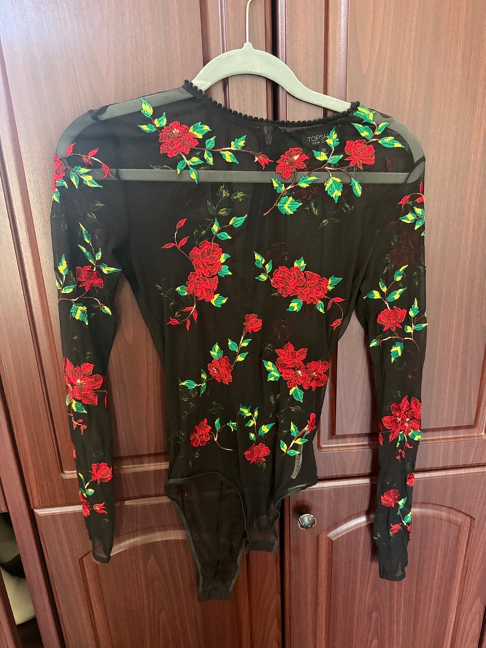 Topshop Black Sheer Floral Embroidered Bodysuit with Red Roses